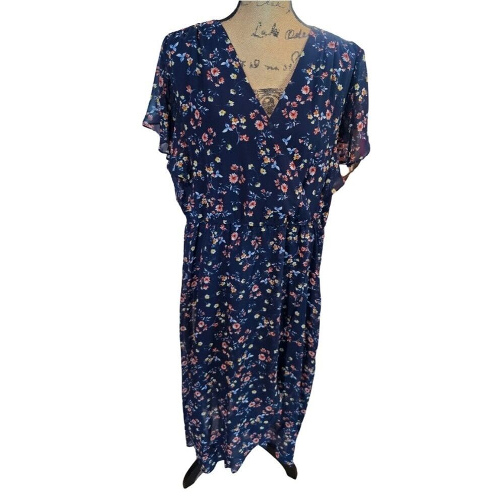 Suzanne Betro Navy Blue Floral Wrap V-Neck Flutter Sleeve Midi Dress 2X NWT
